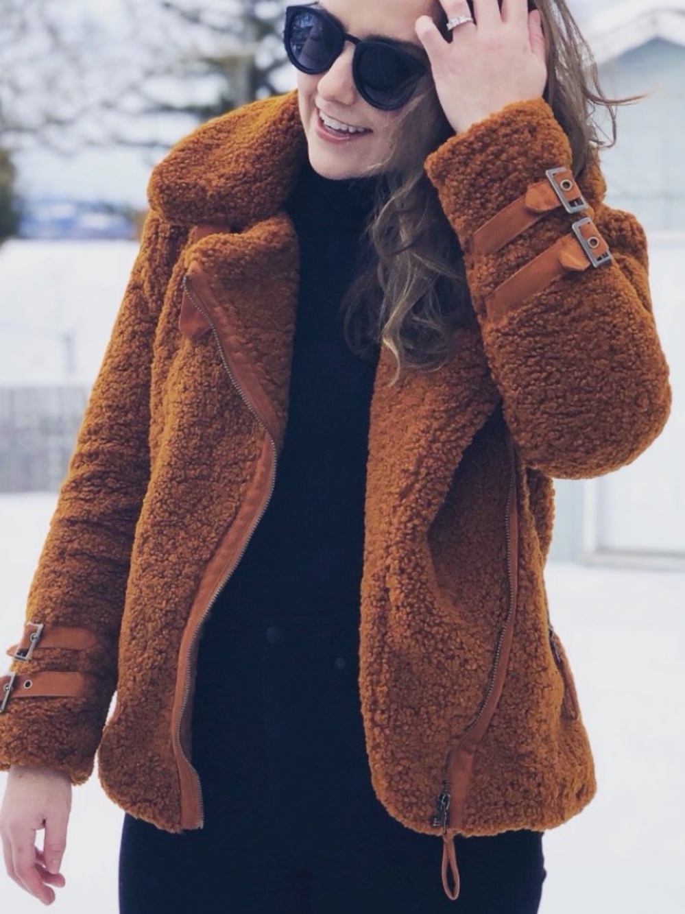 Marrakech Anthropologie Rust Brown Teddy Moto Jacket with Zip Details